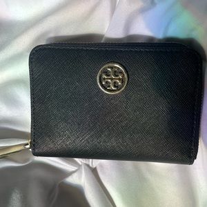 Authentic Tory Burch Black Leather Wallet with Logo and Gold Hardware